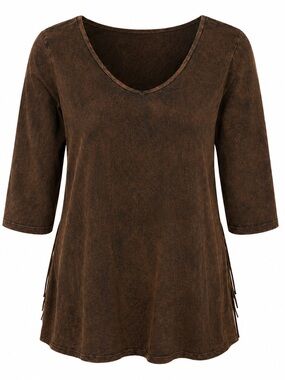 Pat Dahnke Brown Fringe Back Top Large Western Boho Mineral Wash NWT